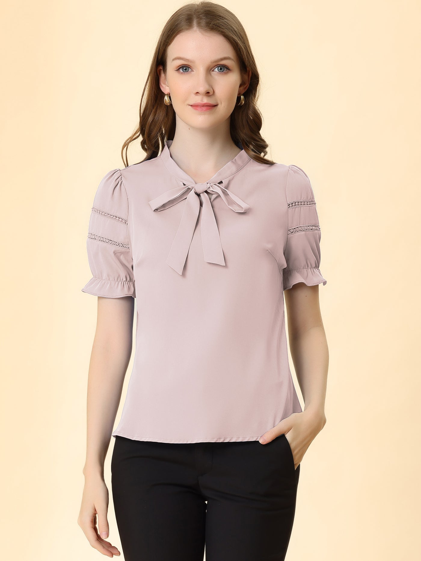 Allegra K Bow Tie Collar Short Sleeve Elegant Office Workwear Blouse