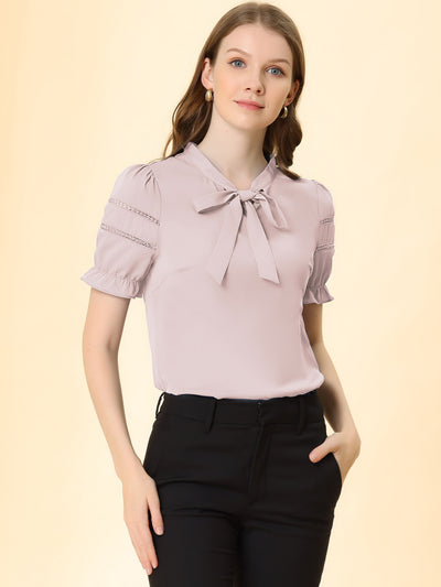Bow Tie Collar Short Sleeve Elegant Office Workwear Blouse