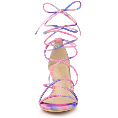 Open Toe Strappy Tie Dye Lace Up Kitten Heel Sandals