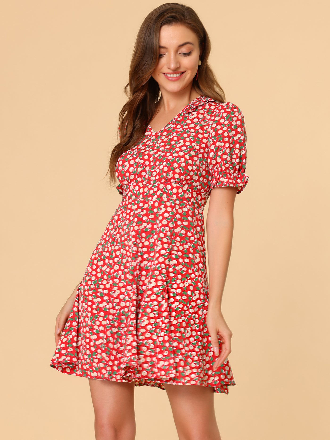 Allegra K Cherry Printed V Neck Ruffle Collar Floral Short Sleeve A-Line Dress