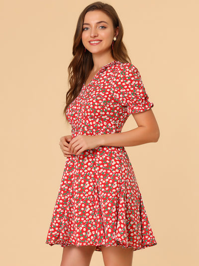 Cherry Printed V Neck Ruffle Collar Floral Short Sleeve A-Line Dress