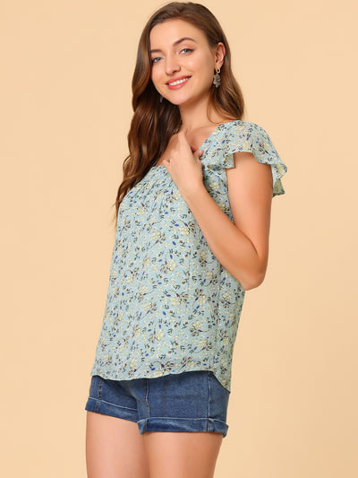 Chiffon Ruffle Sleeve Top Layered Vintage Ditsy Floral Blouse