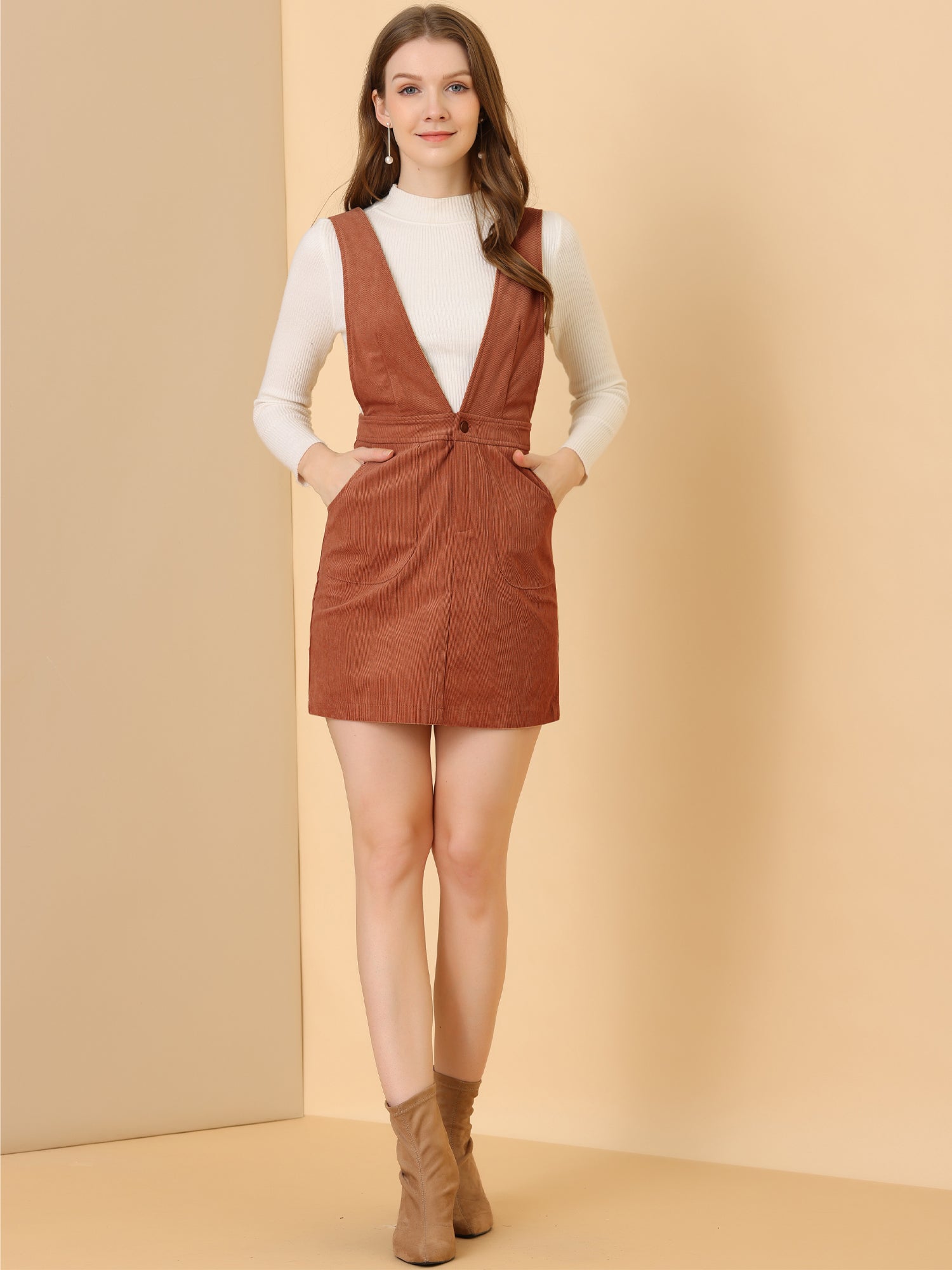 Corduroy Overall V Neck Strap Mini Pinafore Dress, Brick Red / M