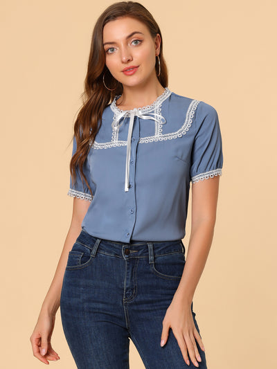 Short Sleeve Blouse Lace Panel Bow Tie Collar Button Down Shirt