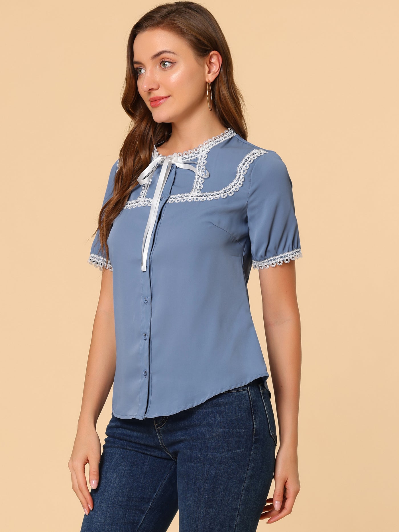 Allegra K Short Sleeve Blouse Lace Panel Bow Tie Collar Button Down Shirt