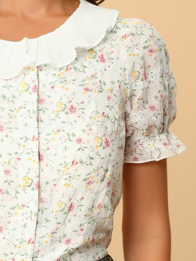 Vintage Floral Blouse Ruffle Collar Puff Sleeve Button Down Shirt Top