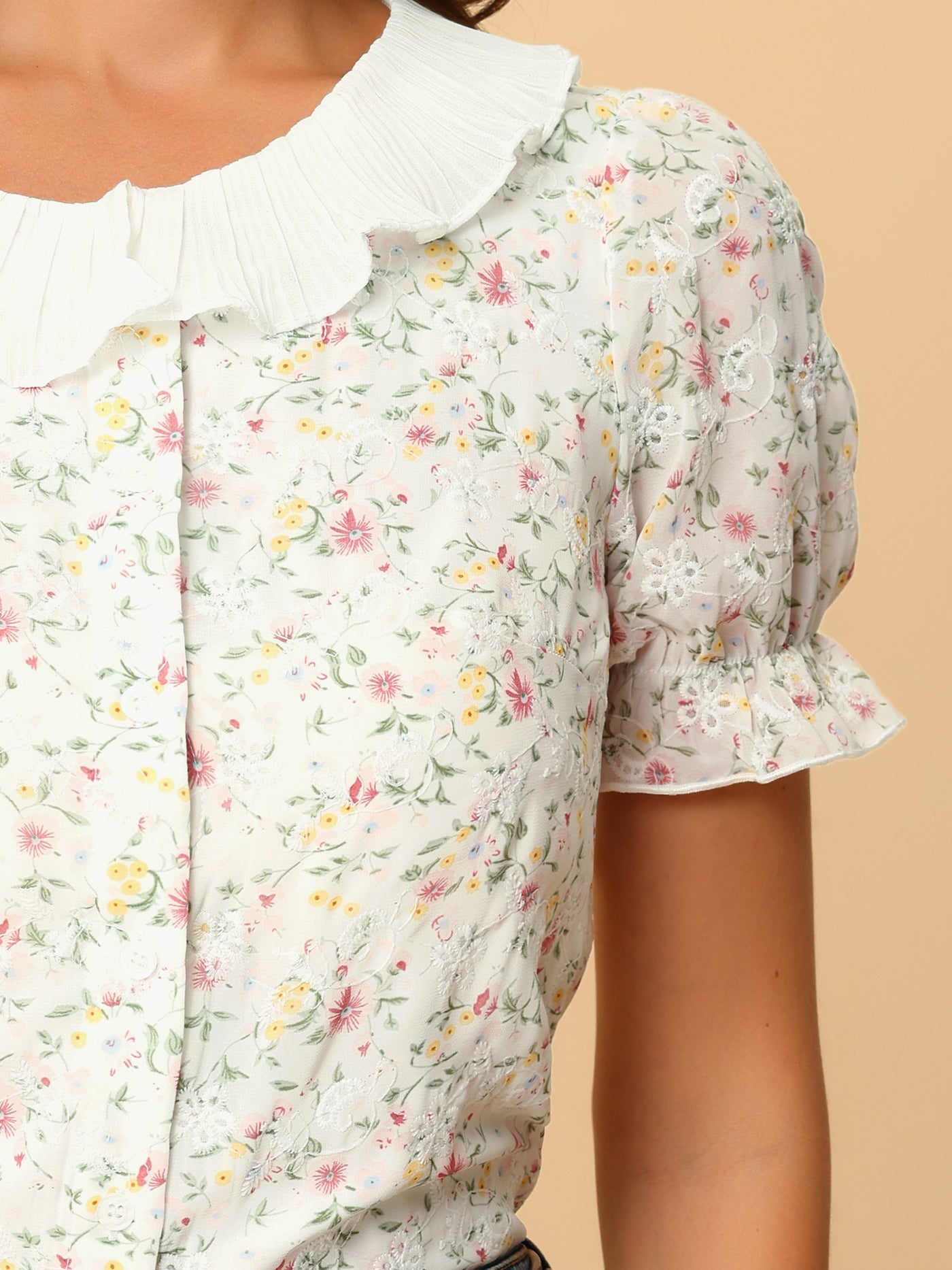 Allegra K Vintage Floral Blouse Ruffle Collar Puff Sleeve Button Down Shirt Top