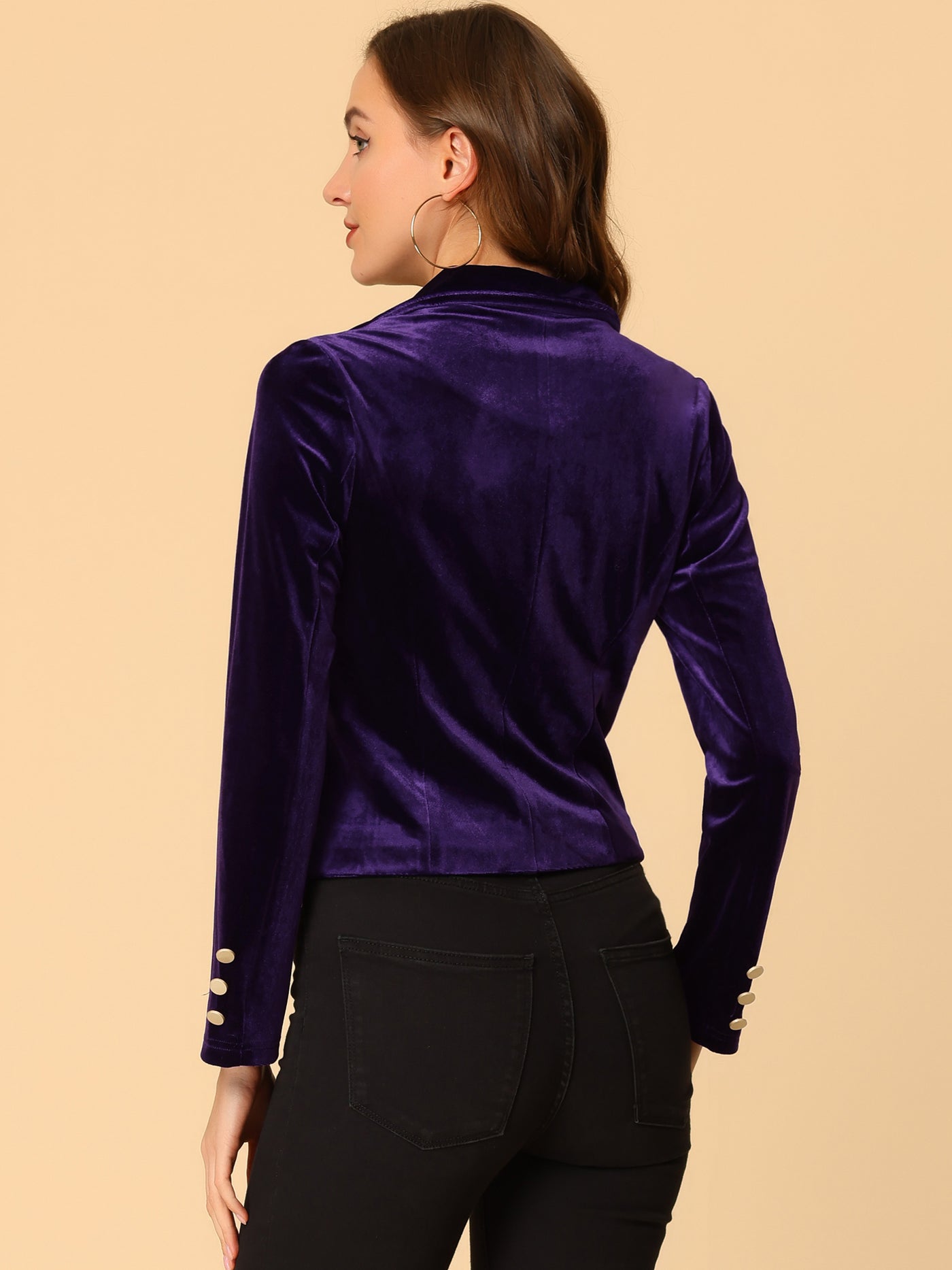 Allegra K Single Button Velvet Lapel Business Crop Blazer Jacket