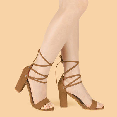 Faux Suede Strappy Chunky High Heel Lace Up Sandals