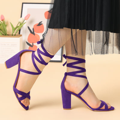 Faux Suede Open Toe High Chunky Heel Ankle Lace Up Sandals