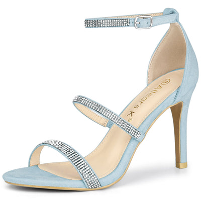 Faux Suede Strappy Ankle Strap Rhinestone Heel Sandals