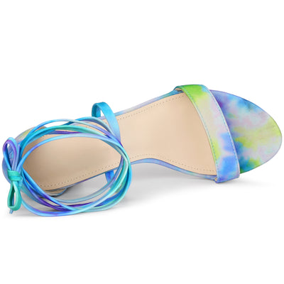 Tie Dye Lace Up Open Toe Strappy Chunky Heel Sandals