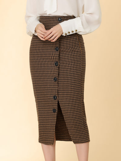 Allegra K Elegant Houndstooth Elastic Waist Straight Split Midi Skirt