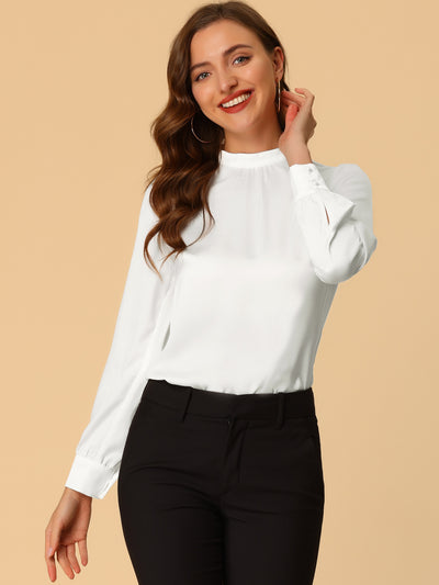 Satin Blouse Puff Sleeve Stand Collar Work Top