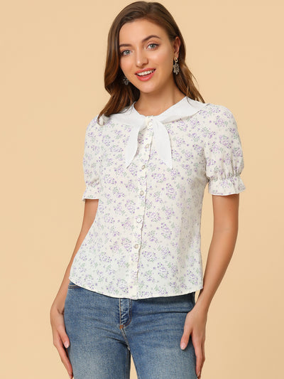 Floral Blouse for Bow Tie Neck Puff Short Sleeve Vintage Ruffle Top