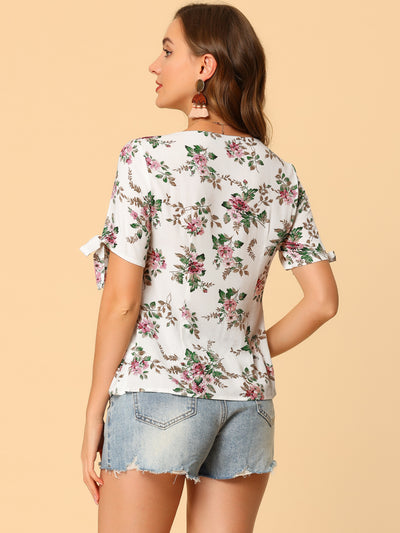 Boho Tops for Women's Short Sleeve Round Neck Floral Blouse
