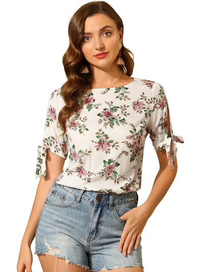 Boho Tops for Women's Short Sleeve Round Neck Floral Blouse