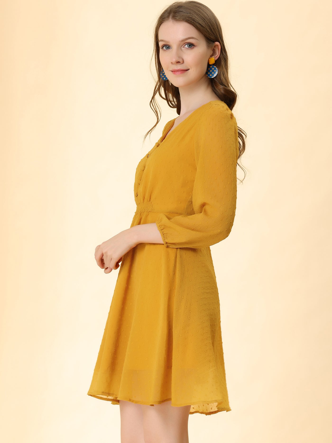 Allegra K Swiss Dots Elastic Waist 3/4 Sleeve A-line Solid Flowy Chiffon Dress