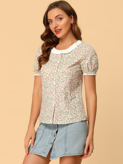 Floral Embroidered Ruffle Neck Puff Sleeve Peasant Shirt Top