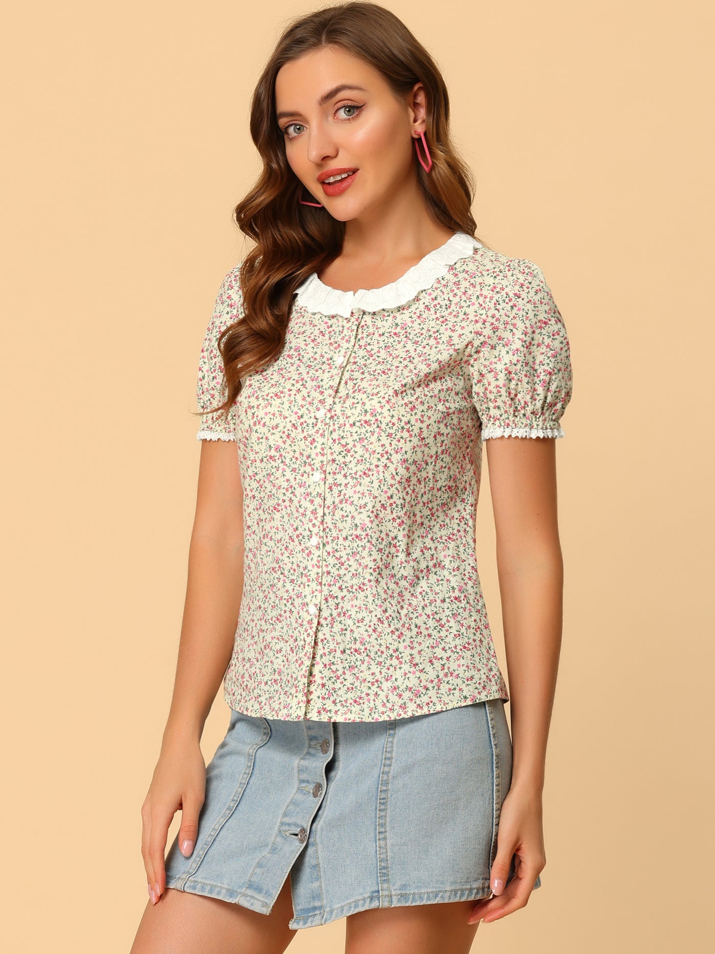 Allegra K Floral Embroidered Ruffle Neck Puff Sleeve Peasant Shirt Top
