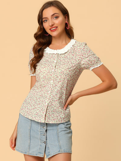 Allegra K Floral Embroidered Ruffle Neck Puff Sleeve Peasant Shirt Top