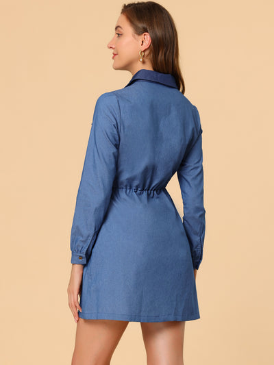 Denim Drawstring Waist Long Sleeve Contrast Chambray Shirt Dress