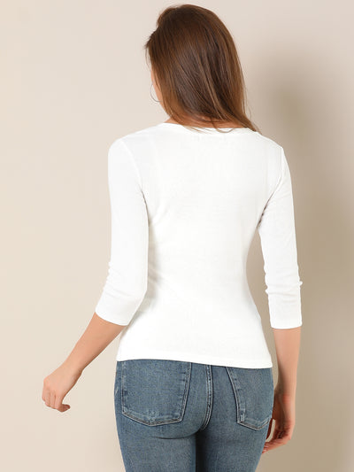 V Neck 3/4 Sleeves Solid Knitted Button Decor Ruched Blouse