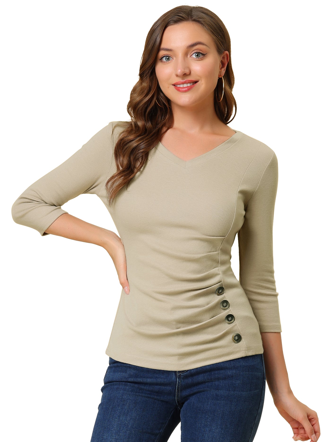 Allegra K V Neck 3/4 Sleeves Solid Knitted Button Decor Ruched Blouse