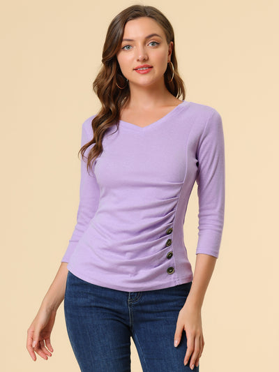 V Neck 3/4 Sleeves Solid Knitted Button Decor Ruched Blouse