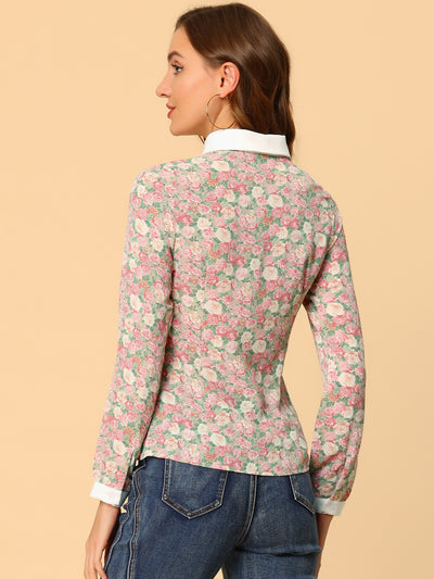 Floral Shirt for Long Sleeve Contrast Peter Pan Collar Blouse