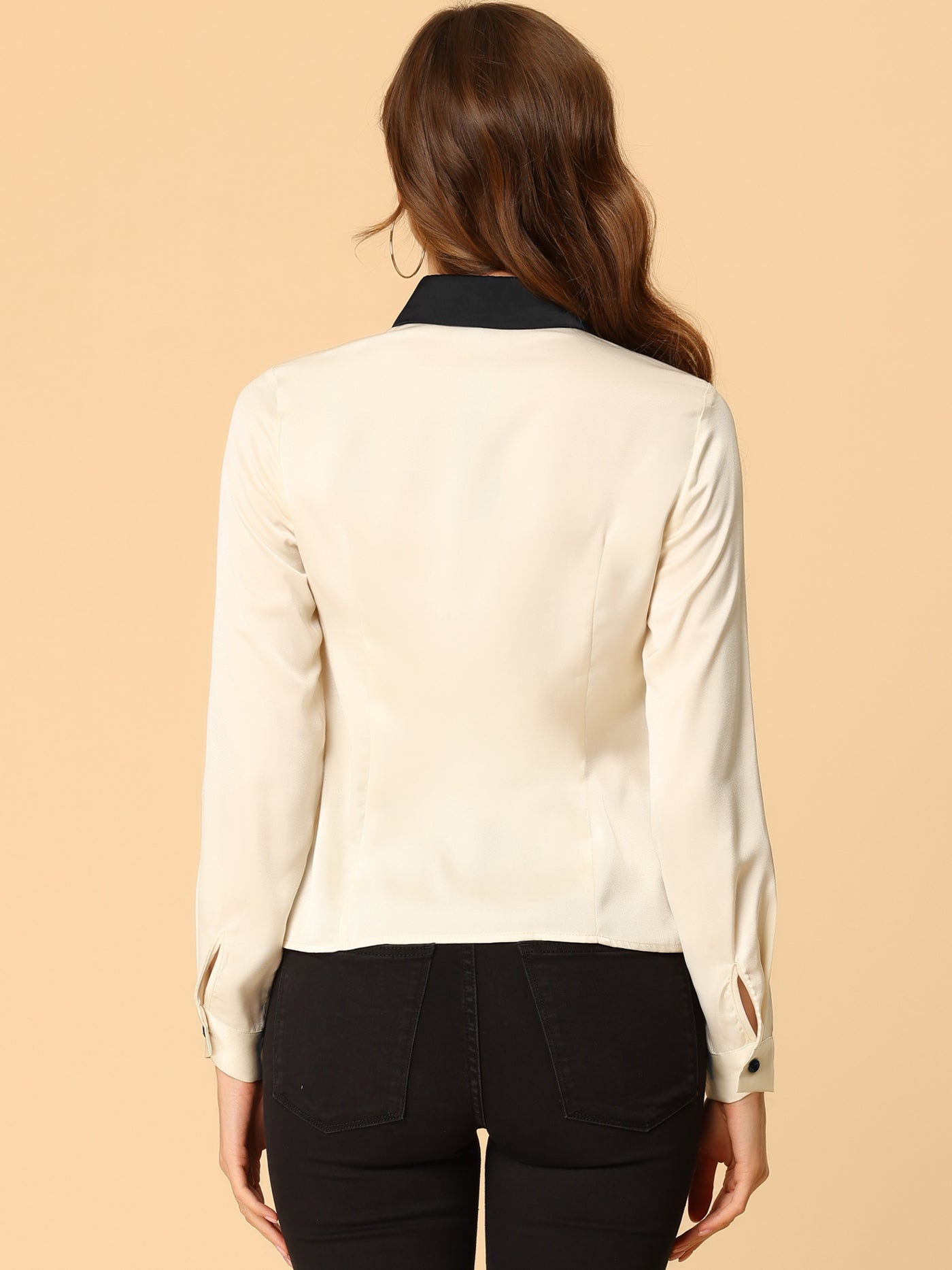 Allegra K Work Tops Long Sleeve Contrast Collar Satin Button Down Shirt