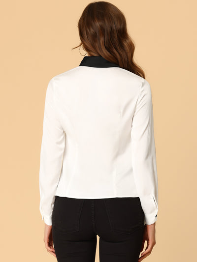 Work Tops Long Sleeve Contrast Collar Satin Button Down Shirt
