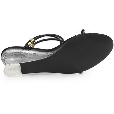Open Toe Faux Leather Low Wedge Clear Heel Slide Sandals
