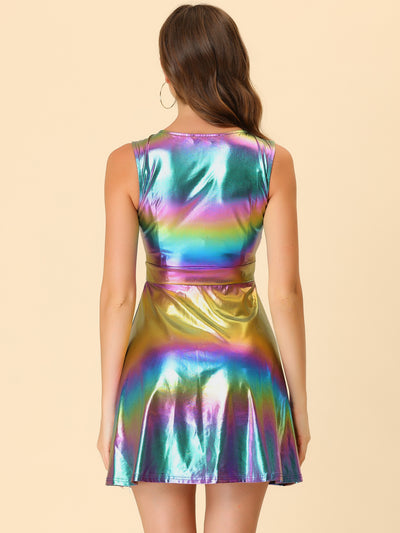 Metallic Sleeveless High Waist Club Party Holographic Dress