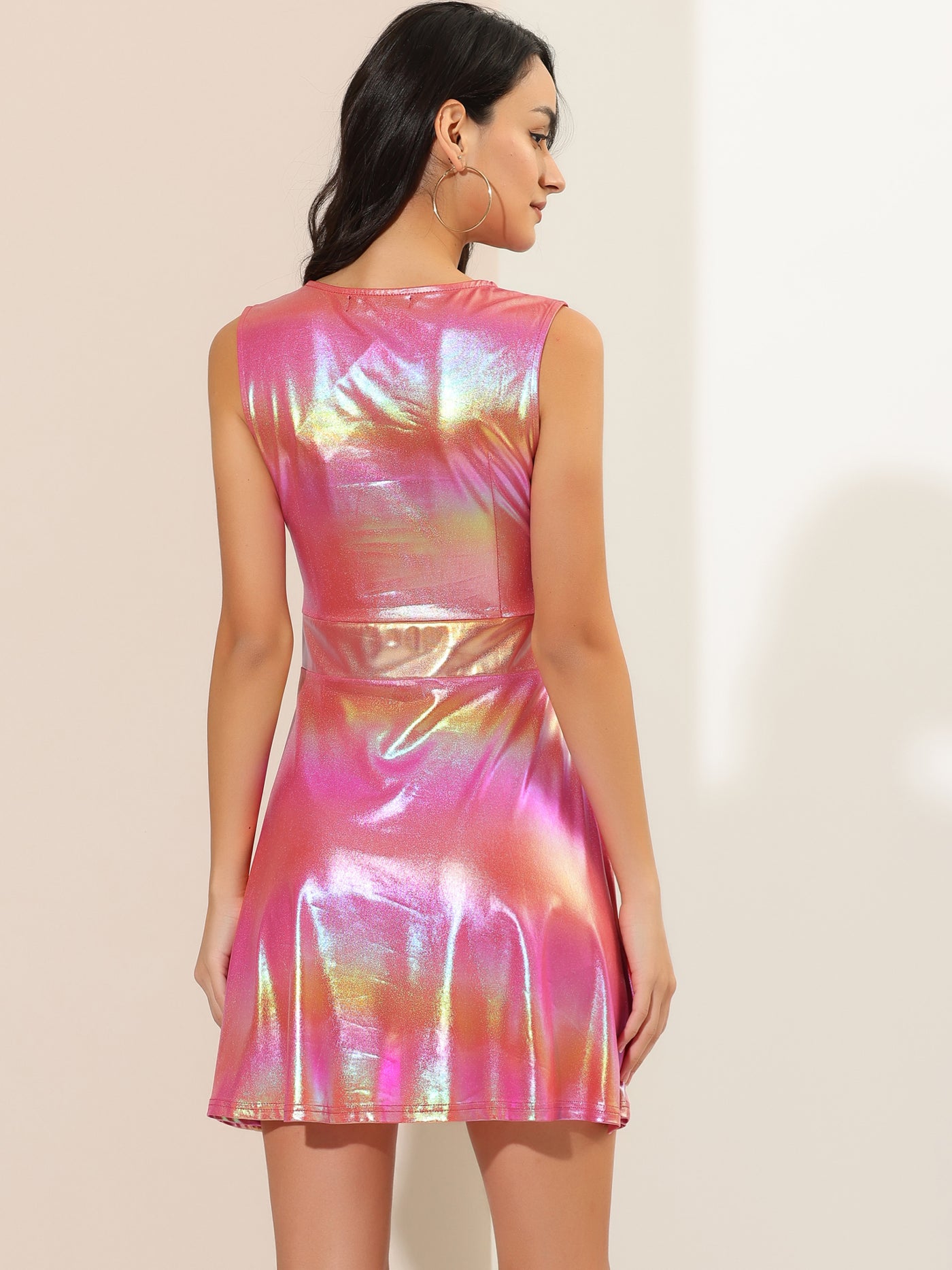 Allegra K Metallic Sleeveless High Waist Club Party Holographic Dress