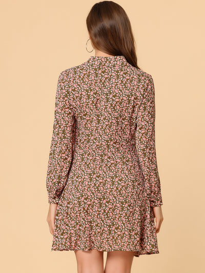 Floral Print Camp Collar Long Sleeve Button Down Short Shirt Dress