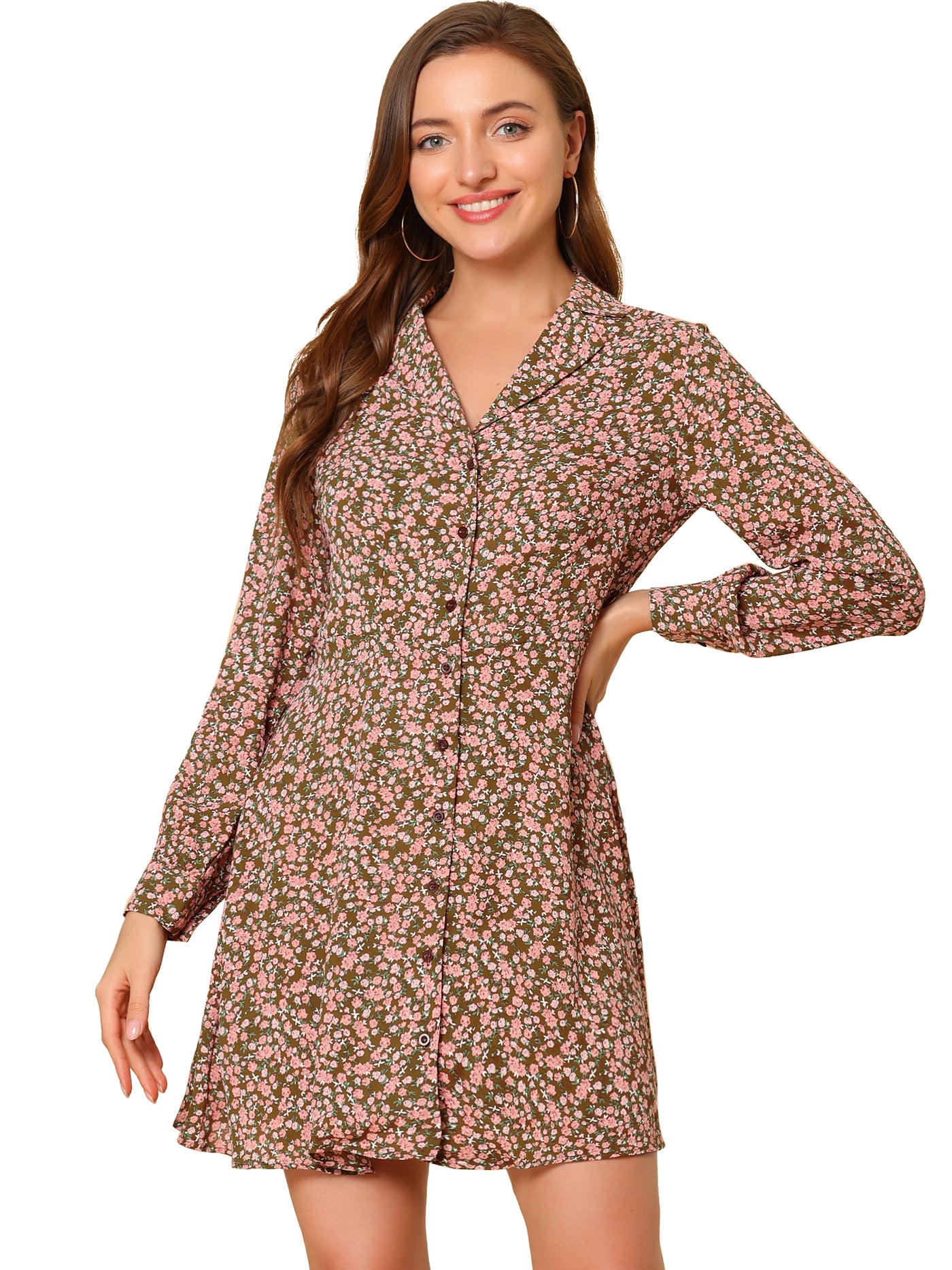Allegra K Floral Print Camp Collar Long Sleeve Button Down Short Shirt Dress
