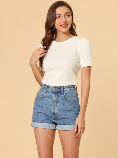 Summer Solid Short Sleeve Crew Neck Textured Knit Blouse