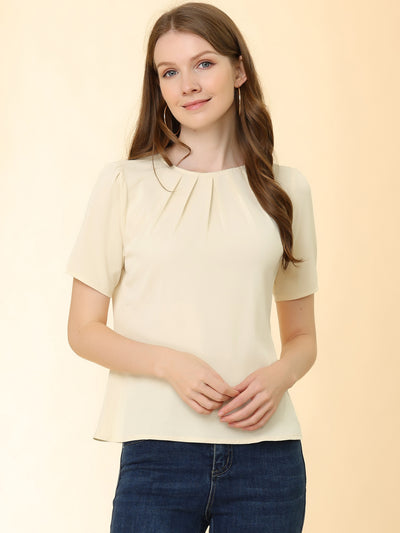 Work Office Short Sleeve Casual Pleated Scoop Neck Blouse Tops