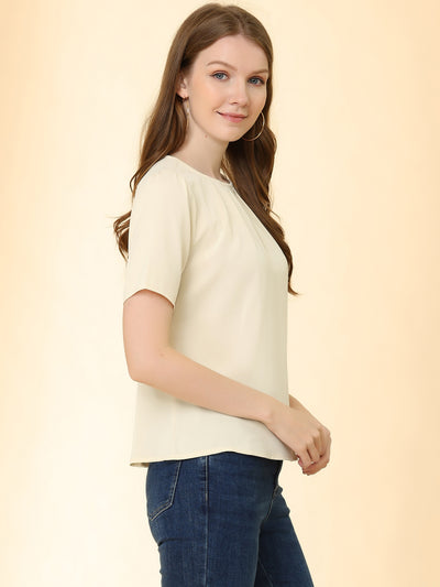 Work Office Short Sleeve Casual Pleated Scoop Neck Blouse Tops