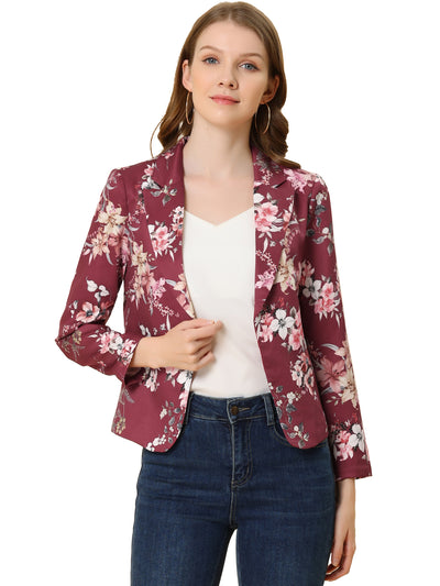 Open Front Floral Work Business Crop Blazer Jacket