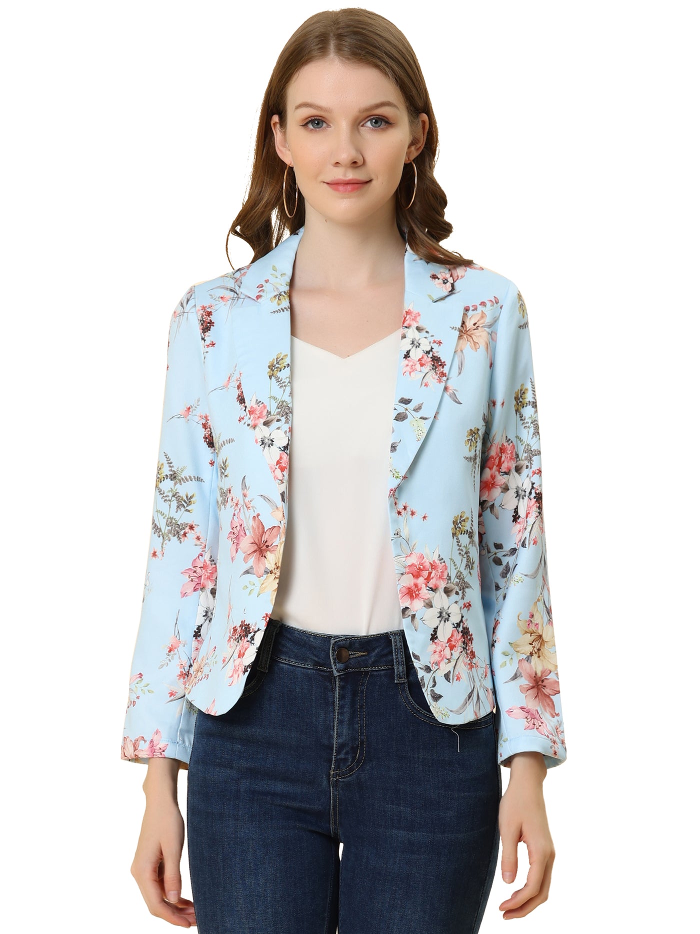 Allegra K Open Front Floral Work Business Crop Blazer Jacket