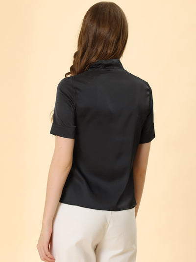 Work Tie Neck Short Sleeve Satin Elegant Button Down Shirt