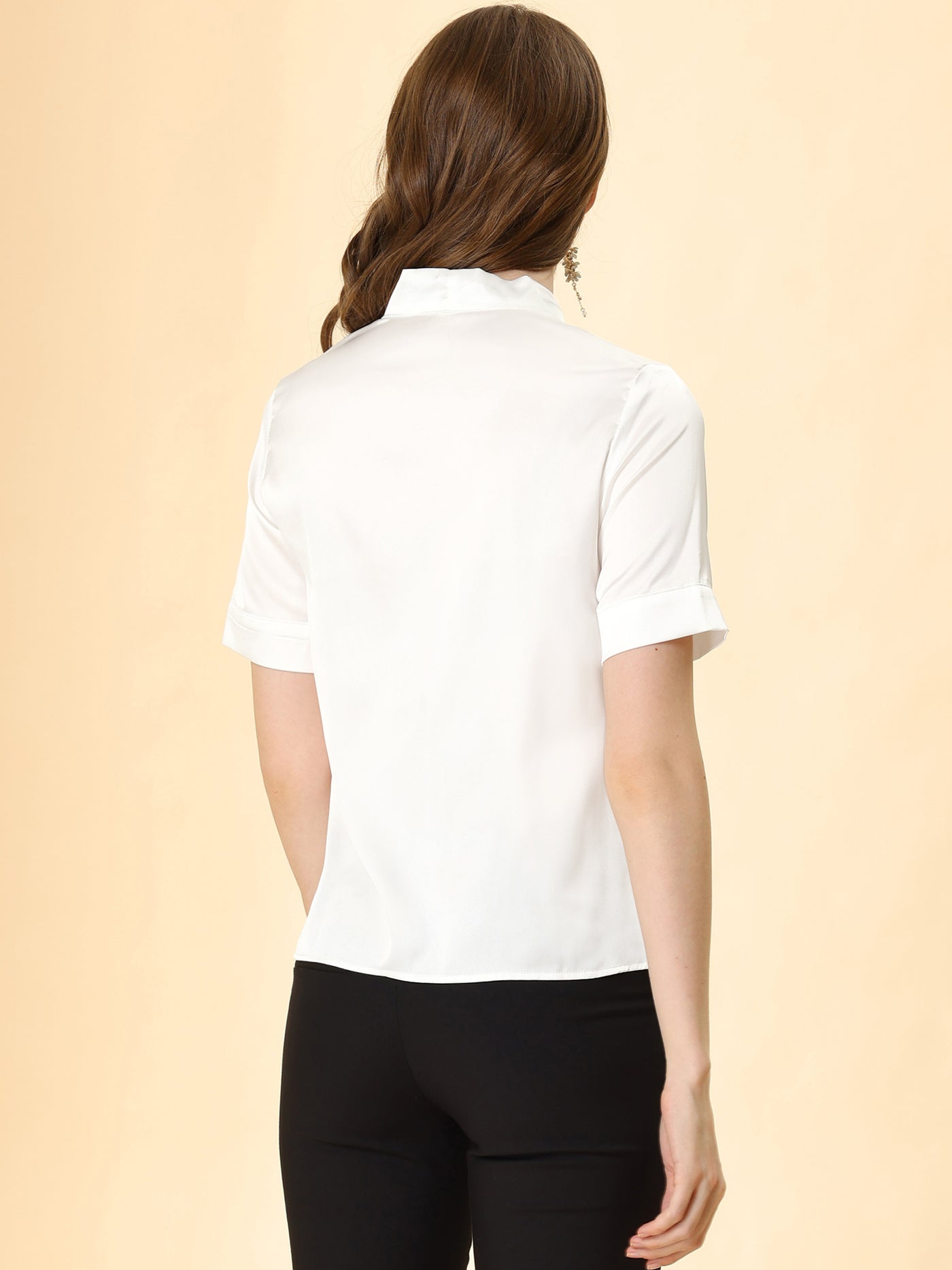 Allegra K Work Tie Neck Short Sleeve Satin Elegant Button Down Shirt