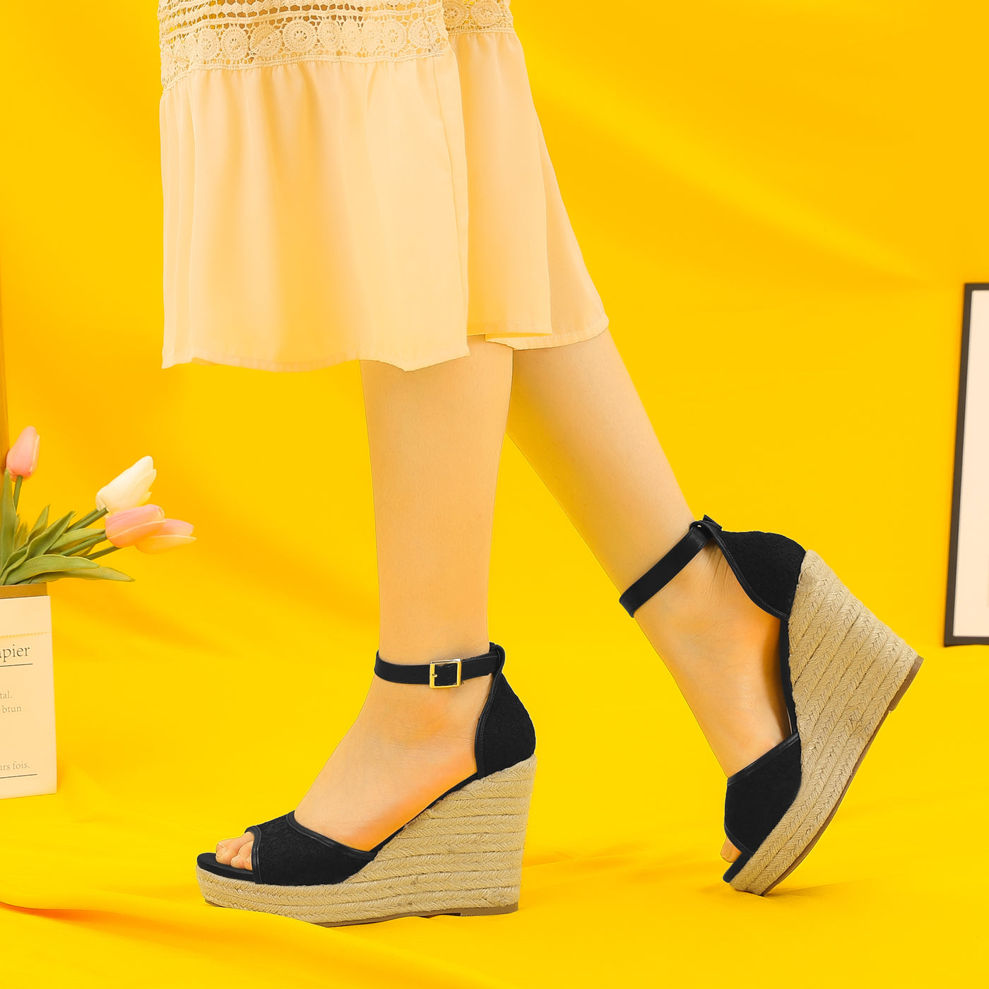 Allegra K Lace Platform Espadrilles Wedge Heel Sandals
