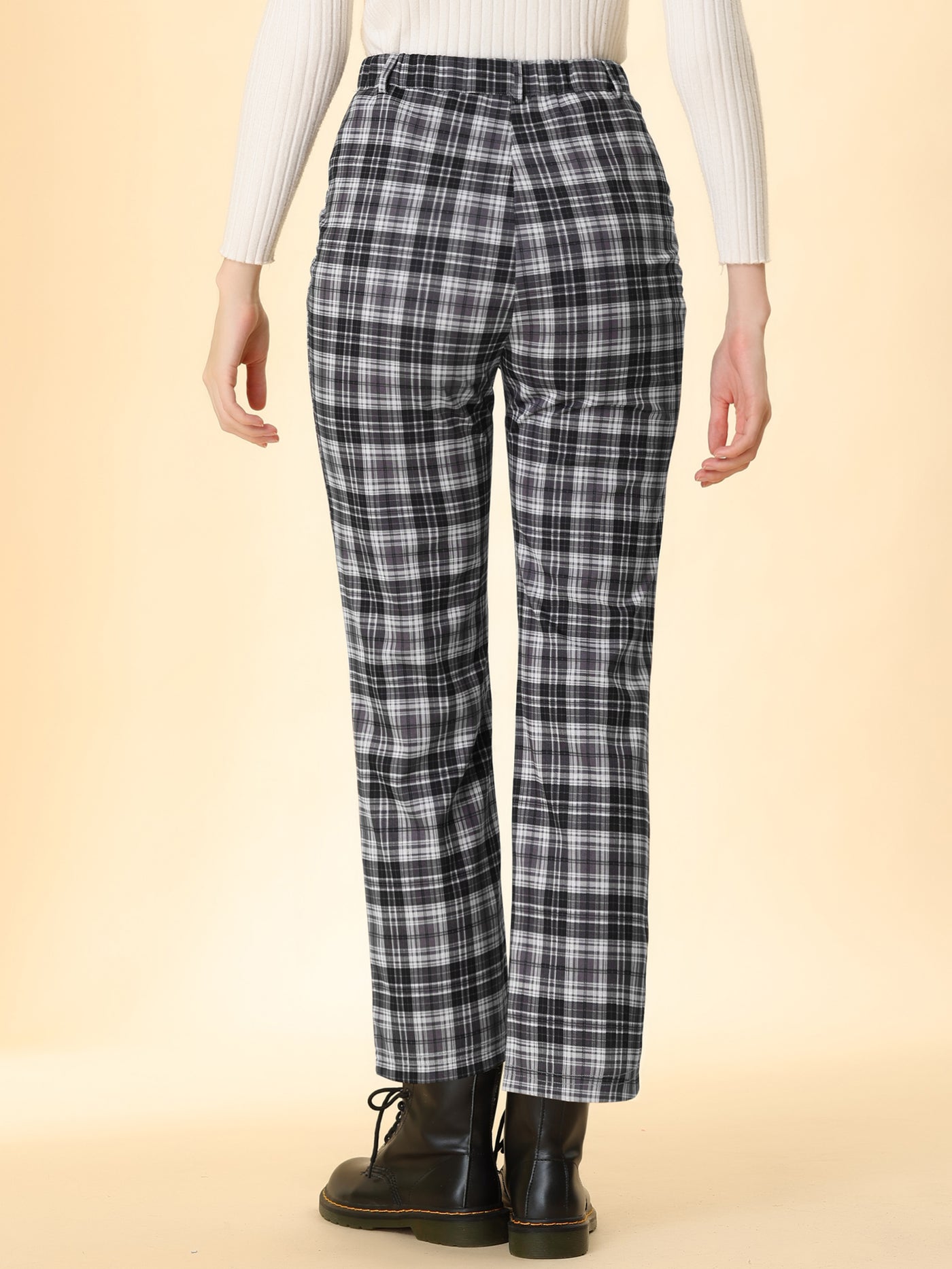 Allegra K Plaid Cropped Trousers Button Casual Tartan Check Work Pants