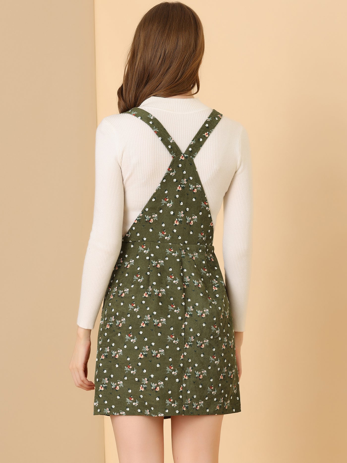 Allegra K Adjustable Strap Pinafore Corduroy Floral Bib Overalls Dress