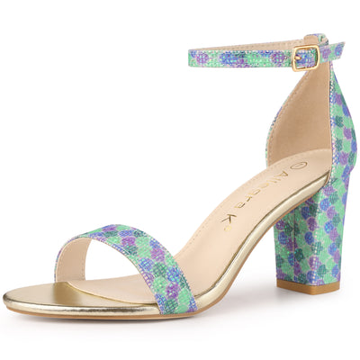 Allegra K Colorful Gradient Glitter Chunky Heel Ankle Strap Sandals