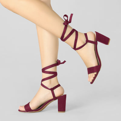 Faux Suede Lace Up Chunky Heel Slingback Sandals
