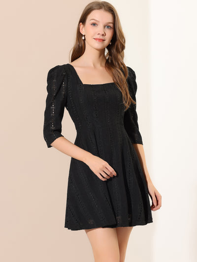Square Neck Puff Sleeve Chic Stretchy Lace Above Knee Dress